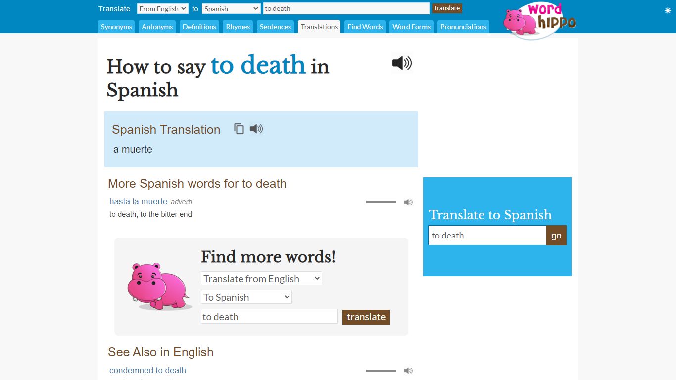How to say to death in Spanish - wordhippo.com