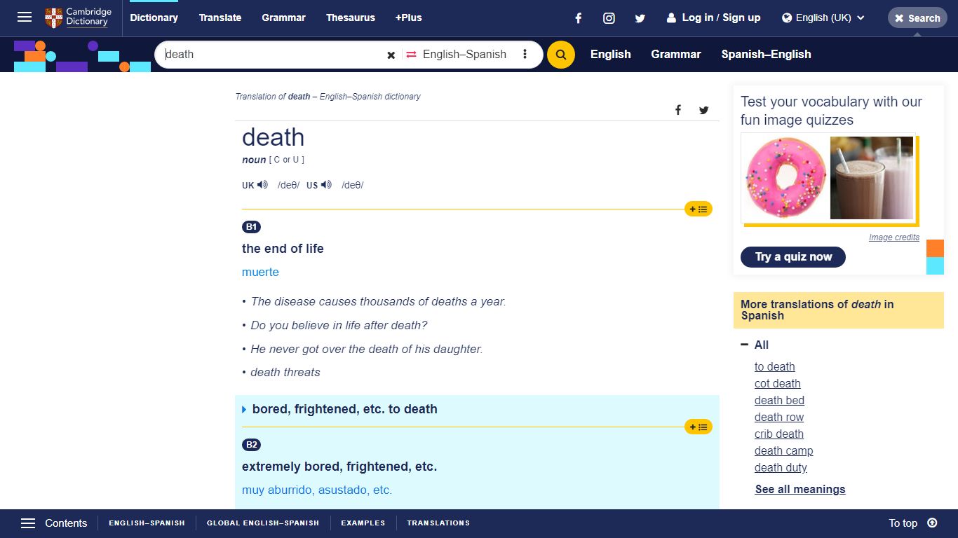 death | translate English to Spanish: Cambridge Dictionary